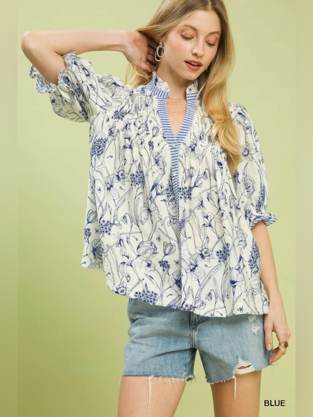 Umgee Mixed Print Button Front Top